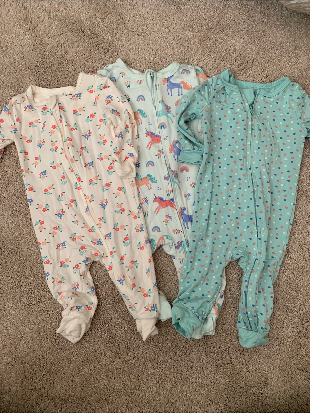 Little Me Mint, Cream & Aqua Floral, Unicorn and Polka Dot Zip Footies (3-Pack)